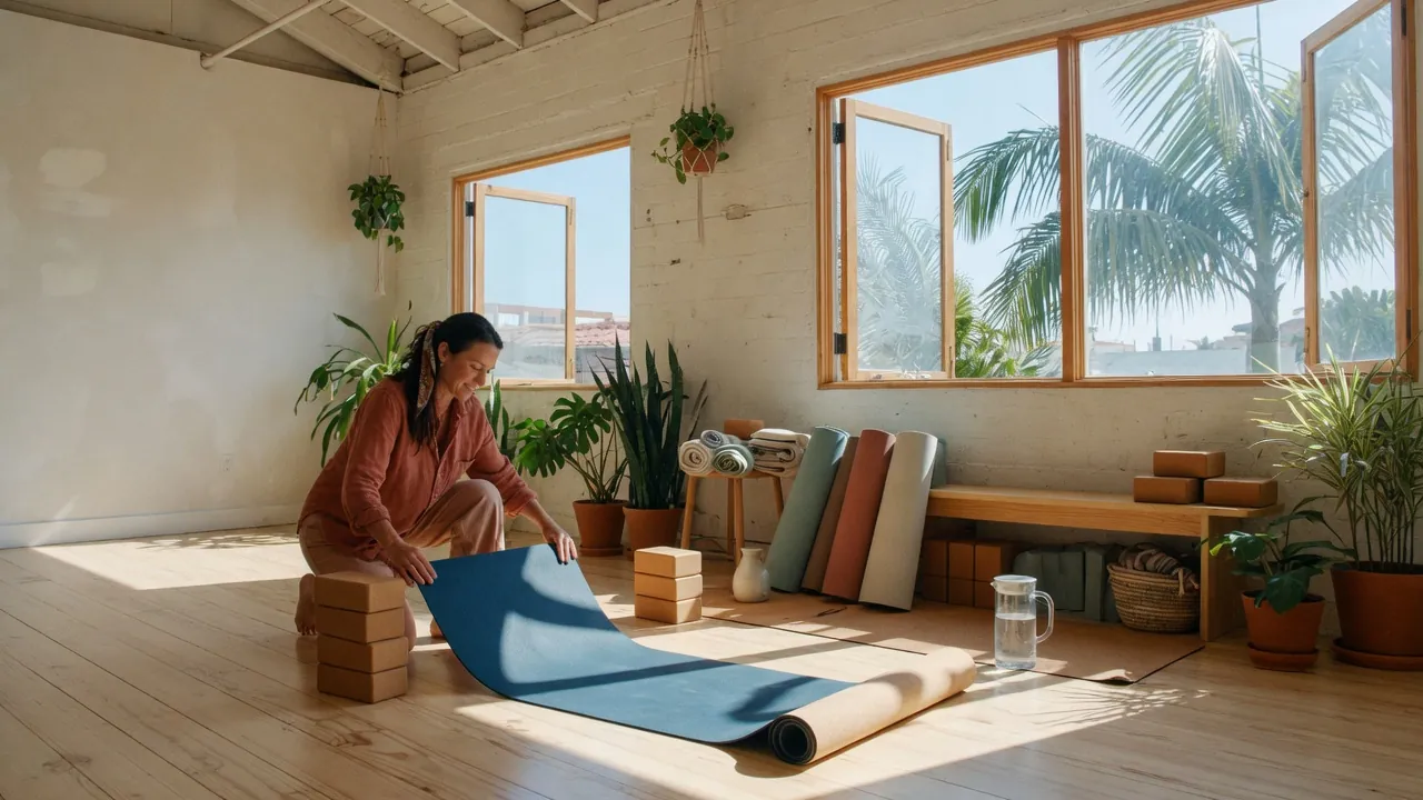 A wellness studio owner preparing her studio