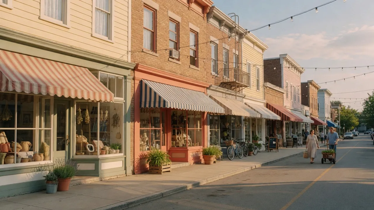 A sunlit neighbourhood main street lined with independent shops